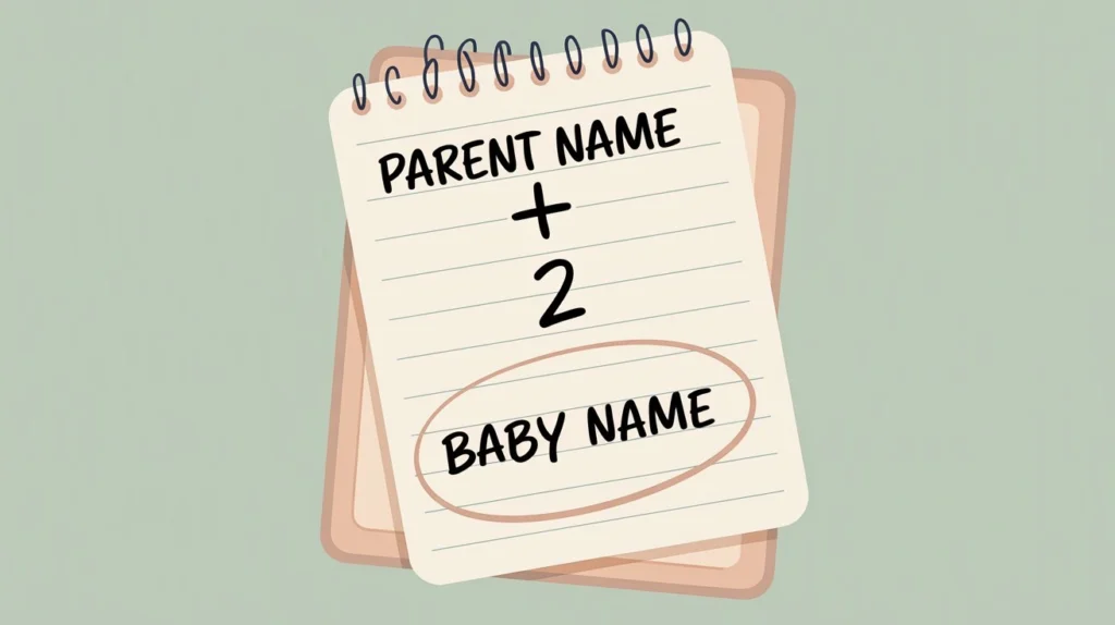 Baby name combiner use case: handwritten notepad showing two parent names merged into a single combined baby name
