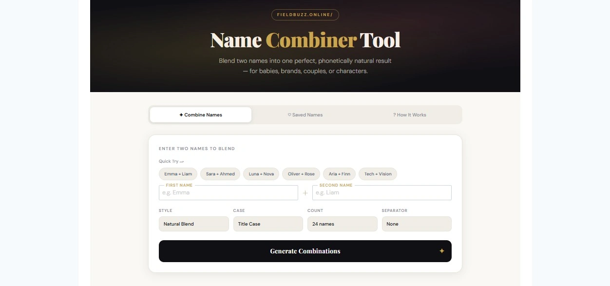 Name combiner tool interface showing two name input fields and a grid of 24 blended name combination results on dark background
