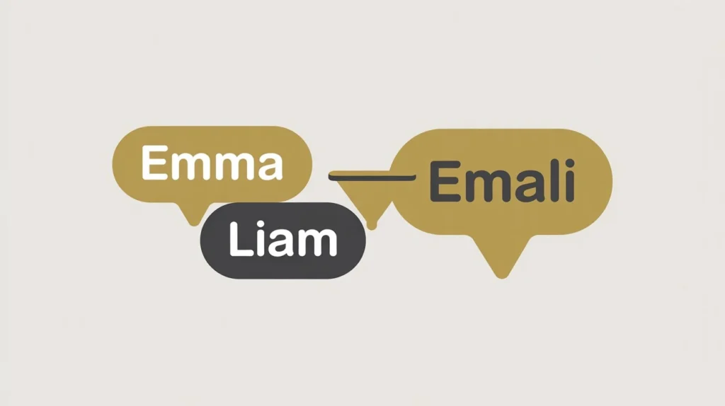 Diagram showing name combiner concept: two names "Emma" and "Liam" merging into a single combined name "Emali"