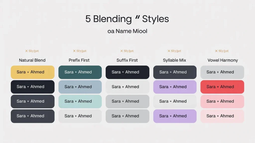 Infographic comparing 5 name mixer blending styles: Natural Blend, Prefix First, Suffix First, Syllable Mix, and Vowel Harmony with example results
