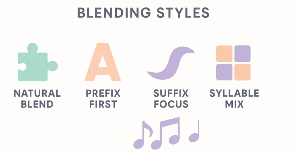 Diagram showing five name blending styles Natural Blend, Prefix First, Suffix Focus, Syllable Mix, Vowel Harmony