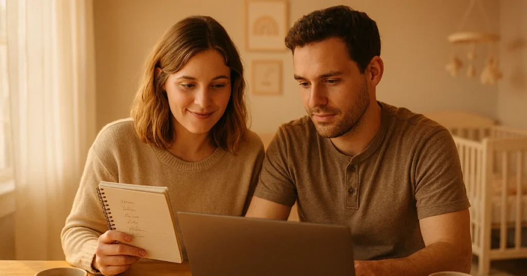 Two parents brainstorming baby names together at a table